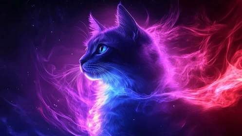 Luminous Cat in Purple and Blue Ethereal Flames.