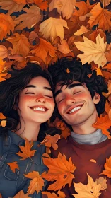 Two people lying in autumn leaves smiling with eyes closed
