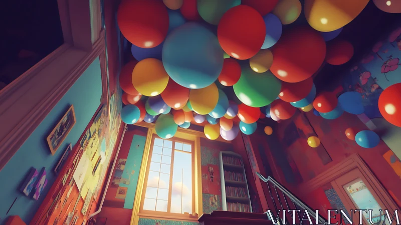Balloon-bright stairwell turning quiet hallway into skyward carnival.