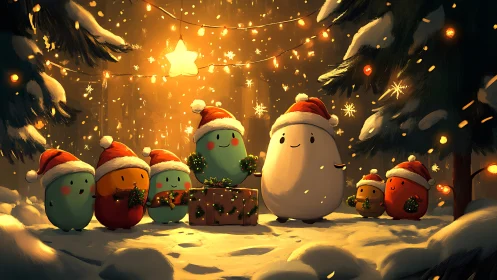 Cozy winter forest friends sharing a glowing holiday moment.
