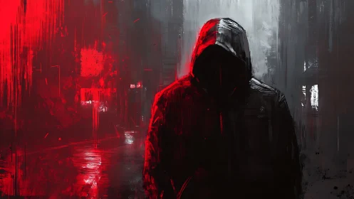 Hooded shadow figure amid red and gray urban storm.
