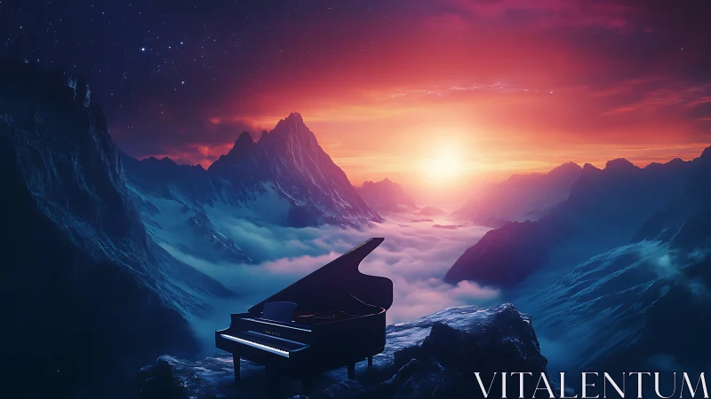 Grand piano on rocky summit under vivid mountain sunrise.