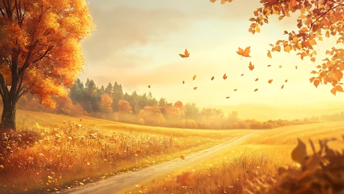 Autumn field landscape with distant forest and dirt path.