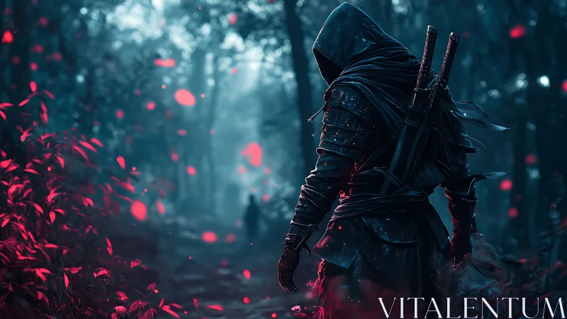 Cinematic digital painting of hooded forest assassin figure.