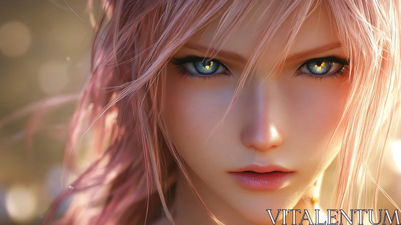 Golden-eyed heroine in soft sunlight and rose-tinted hair.