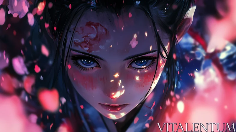 Petals ignite the wounded gaze of a midnight blossom warrior