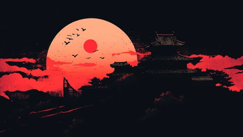 Red sun over Japanese castle in stark silhouette.