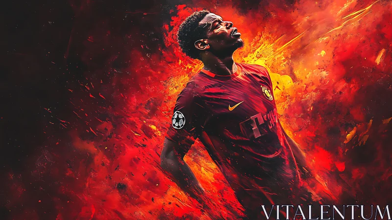 Football player in red kit amid fiery digital energy burst.