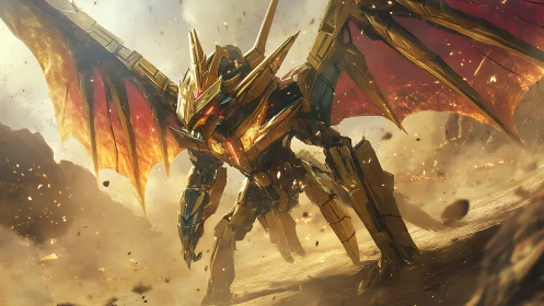 Mighty mechanical dragon storms a blazing battlefield sky