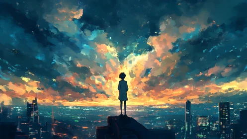Silhouetted dreamer watches a luminous city sunset sky.