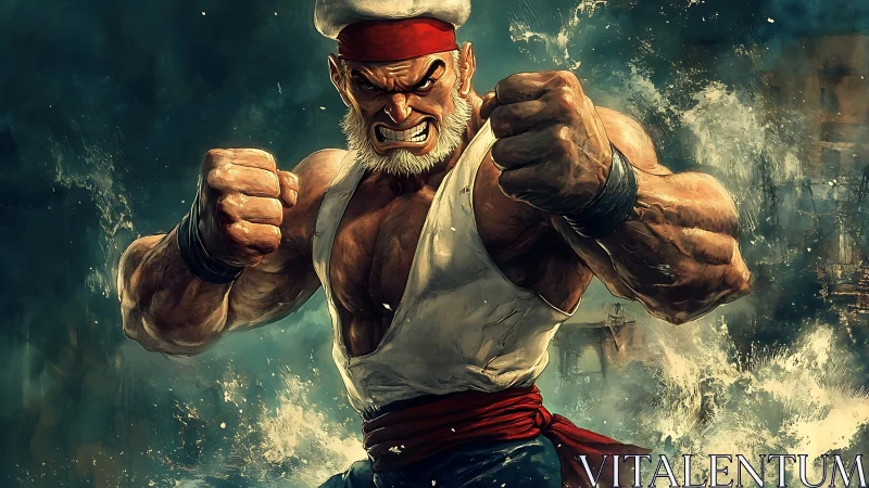 Muscular sailor fighter posing with clenched fists in water.