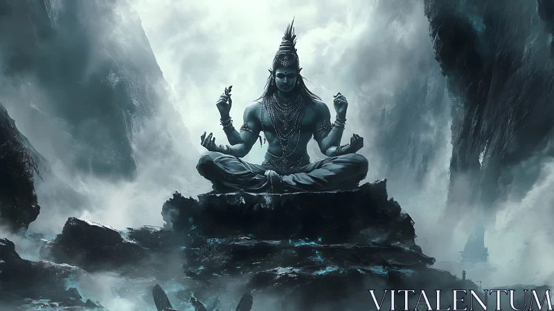 Meditating deity sits in stormy mountainscape of swirling mists.