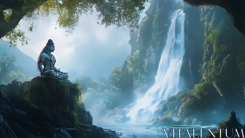 Serene deity meditates beside a mystical forest waterfall.