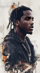 Portrait of man in dark hoodie with abstract textures.