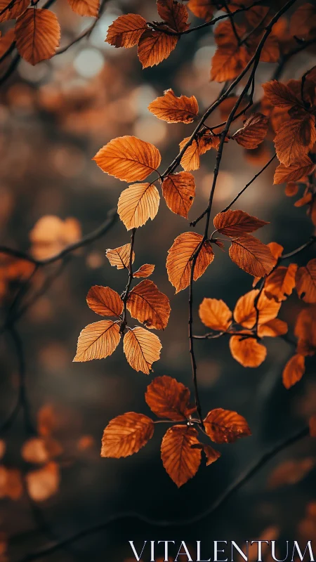 Golden autumn leaves glow softly against a dusky forest