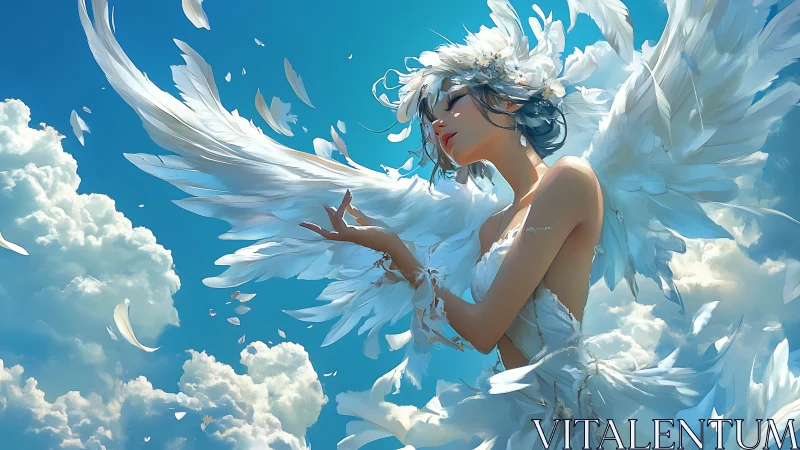 Winged woman in feathered dress stretches arms amid clouds