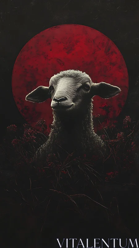 Lone lamb illuminated before ominous crimson moonrise.