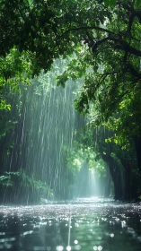 Rain cascading through emerald canopy over still water.
