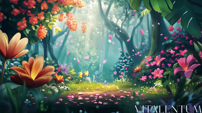 Enchanted Forest Garden Path. Blooming Flowers Glow.