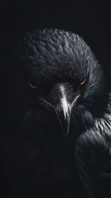 Dark raven portrait with piercing orange eyes in shadowed void.