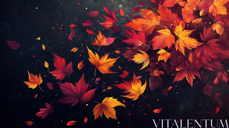 Falling autumn maple leaves across deep midnight void.