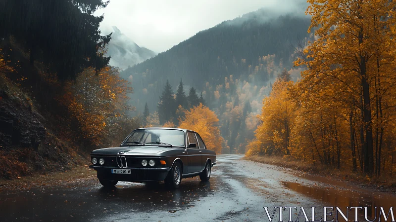 Vintage BMW cruises through misty autumn mountain rain.