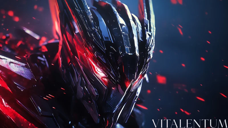 Crimson-lit cybernetic warrior stares ahead in burning shards