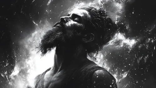 Starlit warrior dissolving into cosmic monochrome storm.