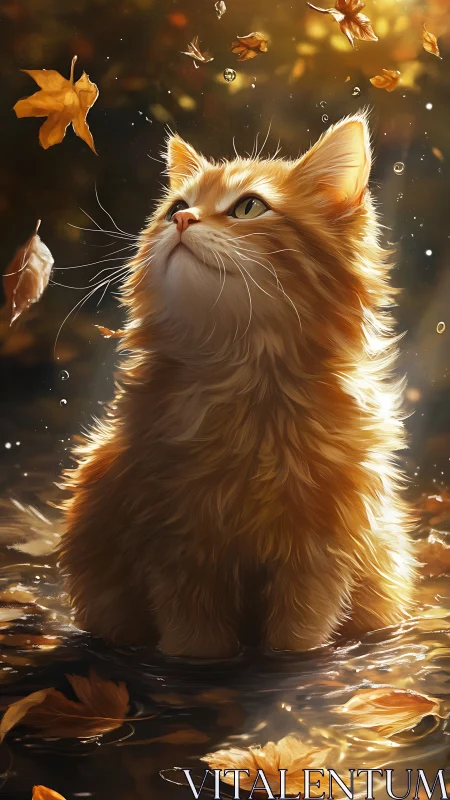 Fluffy Orange Cat Gazing at Golden Autumn Leaves.