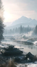 Snowbound battle tanks hold frozen river crossing at dawn
