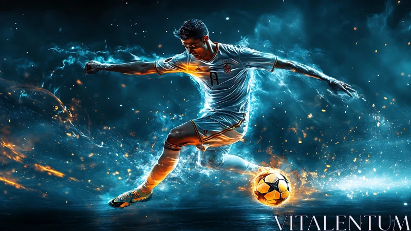 Flaming soccer striker in dynamic teal and orange aura.