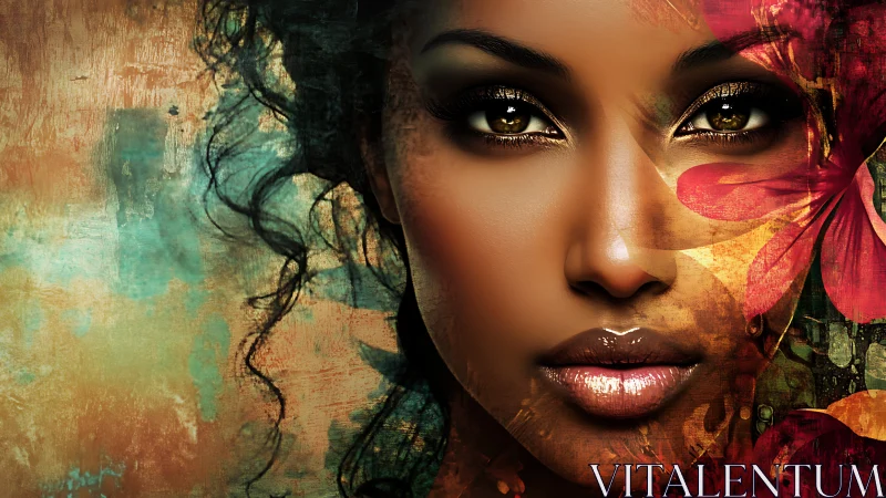 Petaled gaze braids human warmth with wild floral fire