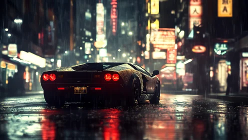 Sports car on wet neon city street at night in rainfall.