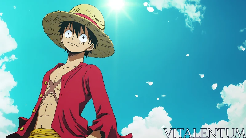 Straw hat anime character stands against bright sky background