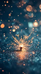 Sparkler ignites over glittered surface with rich bokeh glow.