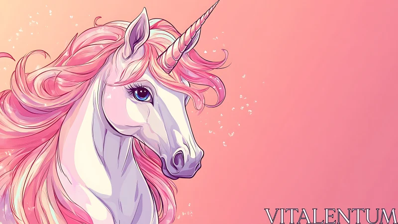 Gentle pink unicorn gazes softly from a dreamy pastel sky