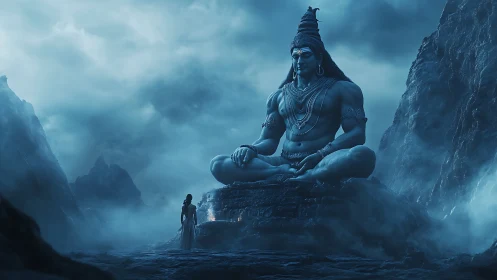 Giant blue deity statue in misty mountains at night.
