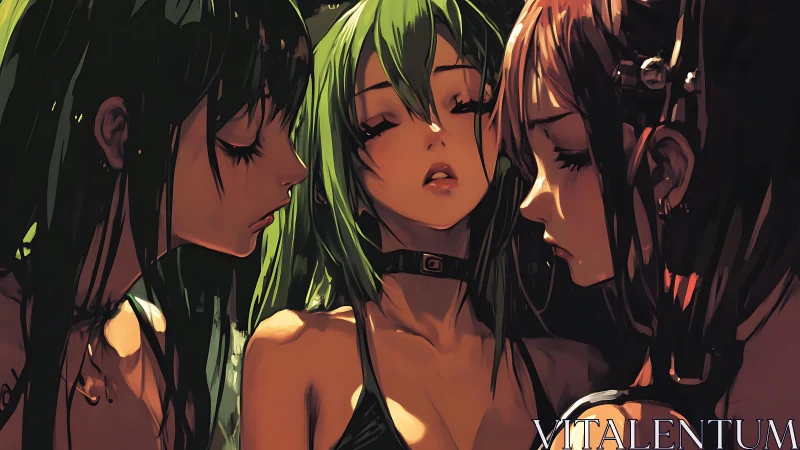 Midnight triad of neon-hearted girls in quiet rebellion.