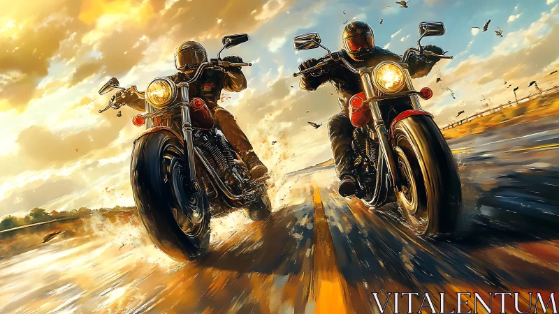 Two motorcyclists ride at speed on wet open highway.