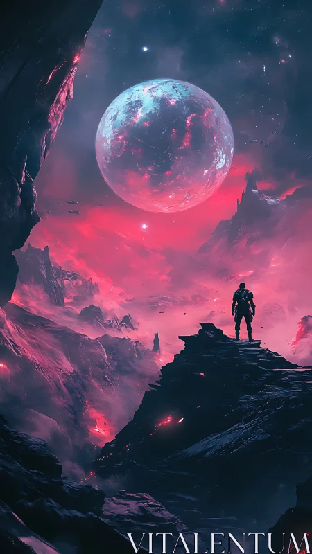 Wanderer gazing at a glowing alien moonlit horizon.