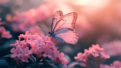Delicate butterfly pauses on pink blossoms at dreamy sunrise