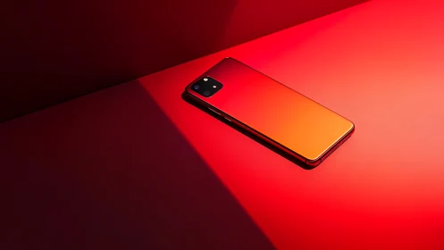 Red smartphone lies on angular red surface under hard light