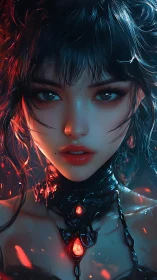 Sorceress portrait with molten obsidian collar and embers.