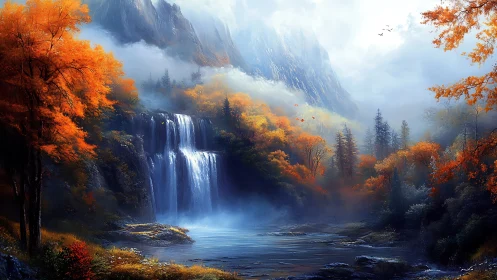 Waterfall flows through misty autumn forest below mountains