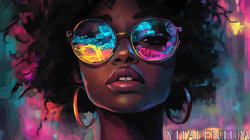 Neon city reflections in bold digital portrait glasses.