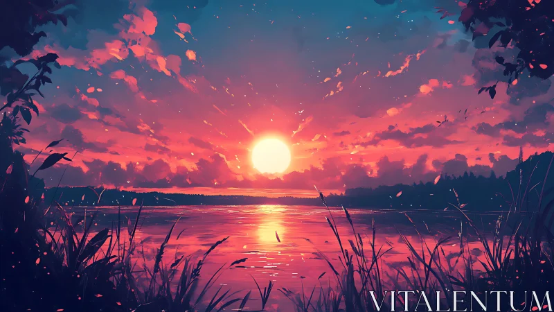 Gentle lakeside sunset wrapped in rosy, dreamlike light.