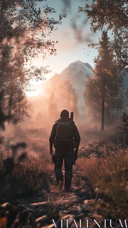 Solitary armed hiker advances toward misted alpine summit