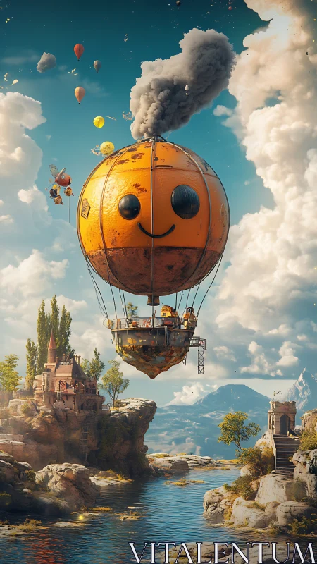 Smiling orange airship drifting over storybook river cliffs.