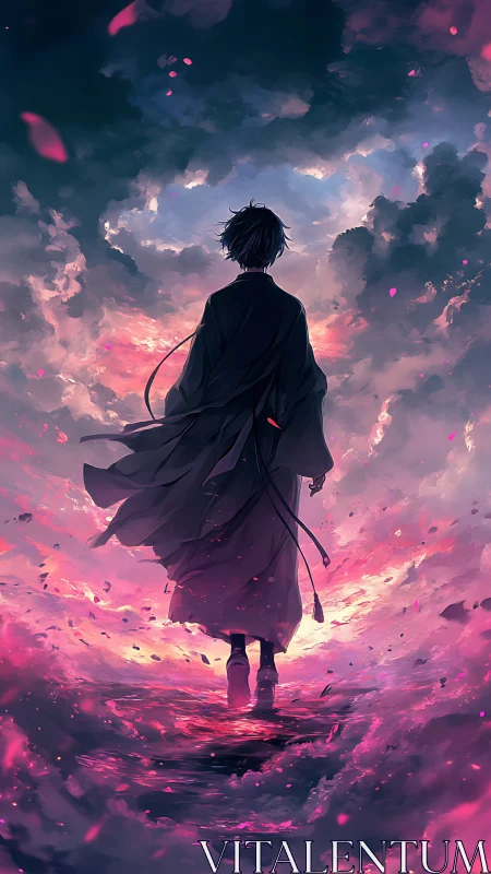 Silhouetted figure walks through luminous pink storm clouds