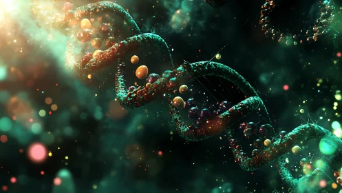 Glowing DNA spirals drifting through a cosmic dreamscape.